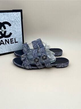 CHANEL Navy Tweed Triple-Strap Slide Sandals